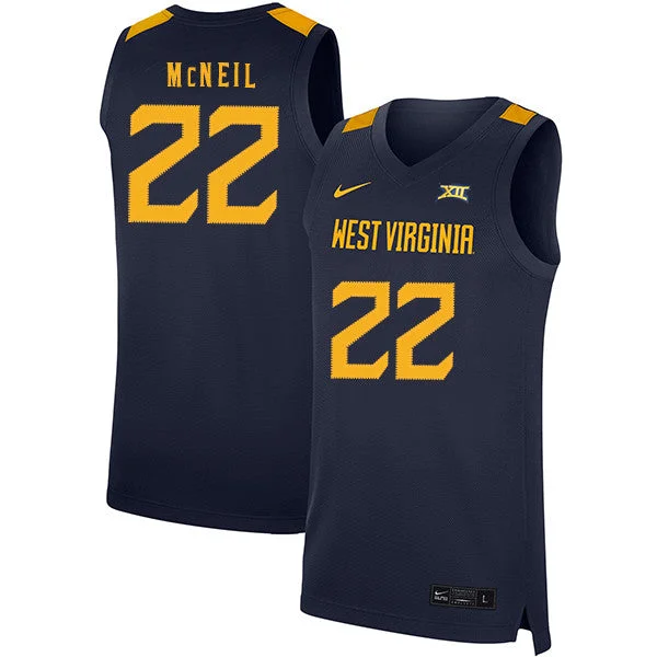 Football Jersey For Men-Basketball Jersey For Men-West Virginia Mountaineers 22 Sean McNeil Navy Basketball College Basketball Jersey