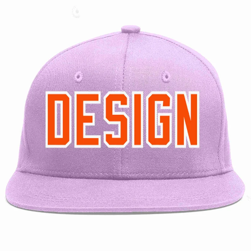 Baseball Cap With Artistic Designs-Custom Light Purple Orange-White Flat Eaves Sport Baseball Cap Design for Men/Women/Youth