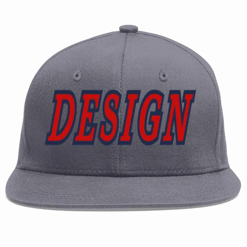 Baseball Cap With Cool Straps-Custom Dark Gray Red-Navy Flat Eaves Sport Baseball Cap Design for Men/Women/Youth