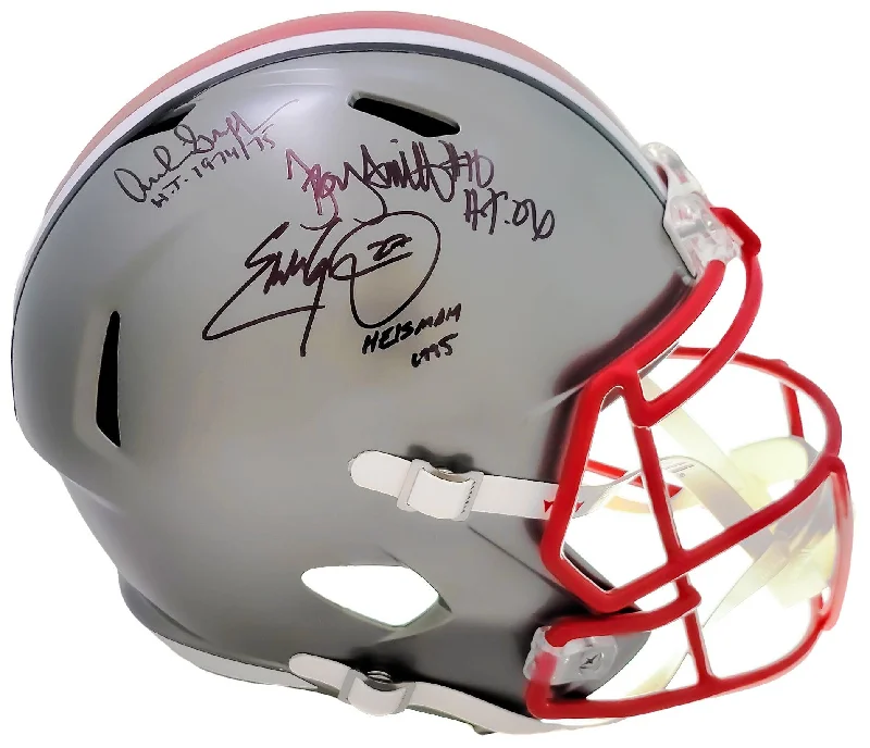 Rugby Helmet For Custom Team Orders-Archie Griffin, Eddie George & Troy Smith Autographed Ohio State Buckeyes Flash Gray Full Size Replica Speed Helmet "Heisman" Beckett BAS QR Stock #203900