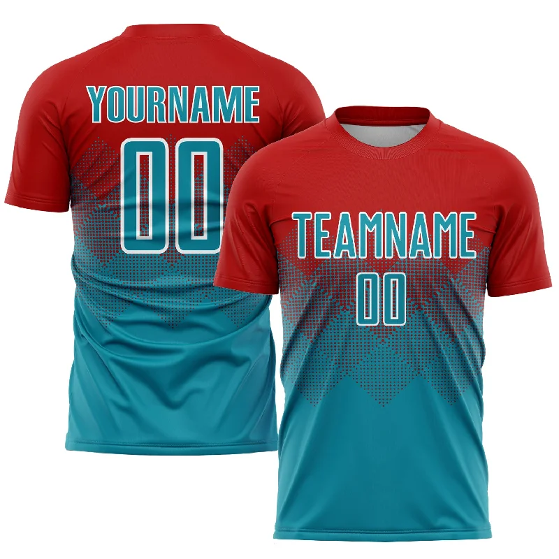 Football Jersey For Custom Branding Options-Custom Red Teal-White Sublimation Soccer Uniform Jersey