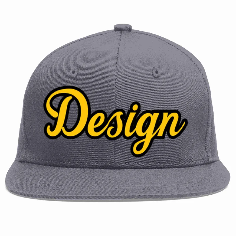 Baseball Cap For Outdoor Adventures-Custom Dark Gray Gold-Black Flat Eaves Sport Baseball Cap Design for Men/Women/Youth