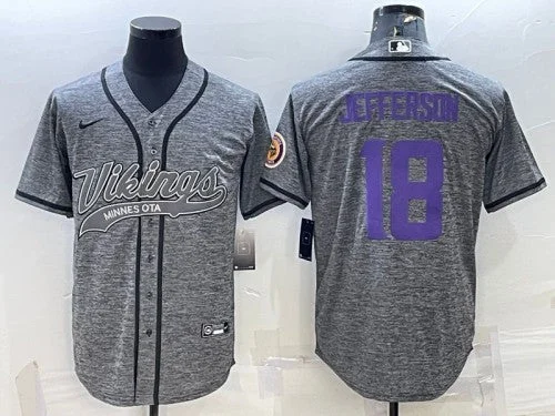 Baseball Jersey For Competitive Teams-Men's Minnesota Vikings #18 Justin Jefferson Gray With Patch Cool Base Stitched Baseball Jersey