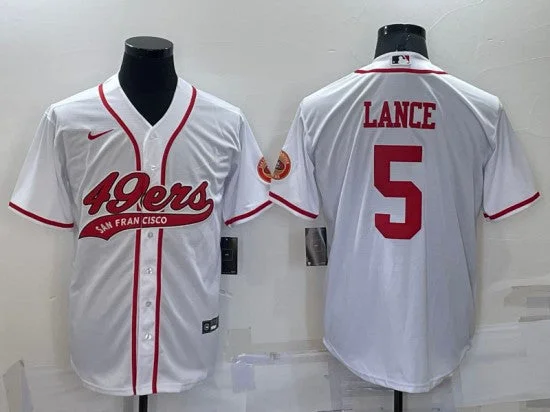 Baseball Jersey With Bold Team Graphics-Men's San Francisco 49ers #5 Trey Lance White Cool Base Stitched Baseball Jersey