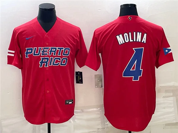 Baseball Jersey For Team Workouts-Men's Puerto Rico Baseball #4 Yadier Molina 2023 Red World Baseball Classic Stitched Jersey