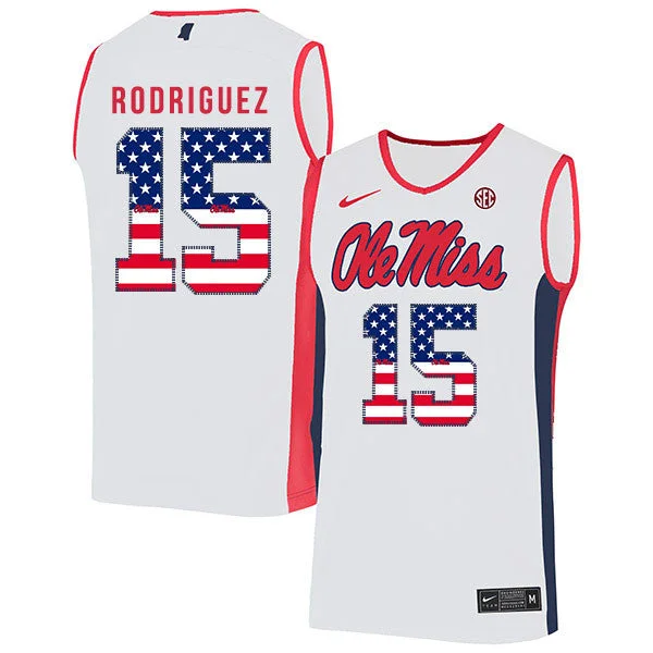 Football Jersey For Sports Teams-Basketball Jersey For Sports Teams-Ole Miss Rebels 15 Luis Rodriguez White USA Flag Basketball College Basketball Jersey