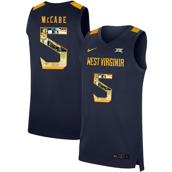 Football Jersey For Player Recognition-Basketball Jersey For Player Recognition-West Virginia Mountaineers 5 Jordan McCabe Navy Fashion Basketball College Basketball Jersey