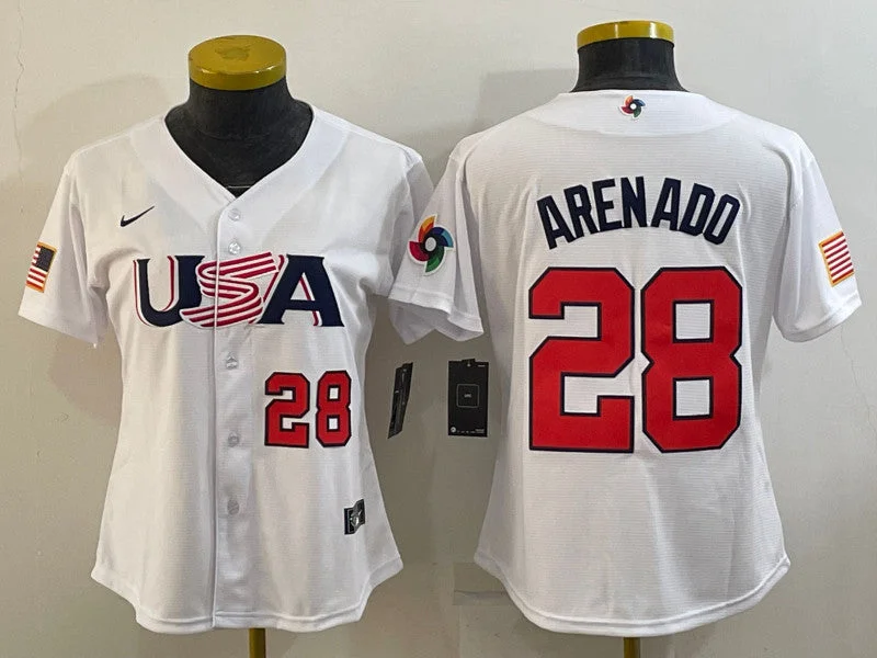 Baseball Jersey With Bold Team Graphics-USA 28 Nolan Arenado White Women 2023 World Baseball Classic Jersey