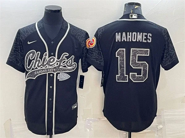 Baseball Jersey For Sports Teams-Men's Kansas City Chiefs #15 Patrick Mahomes Black Reflective With Patch Cool Base Stitched Baseball Jersey