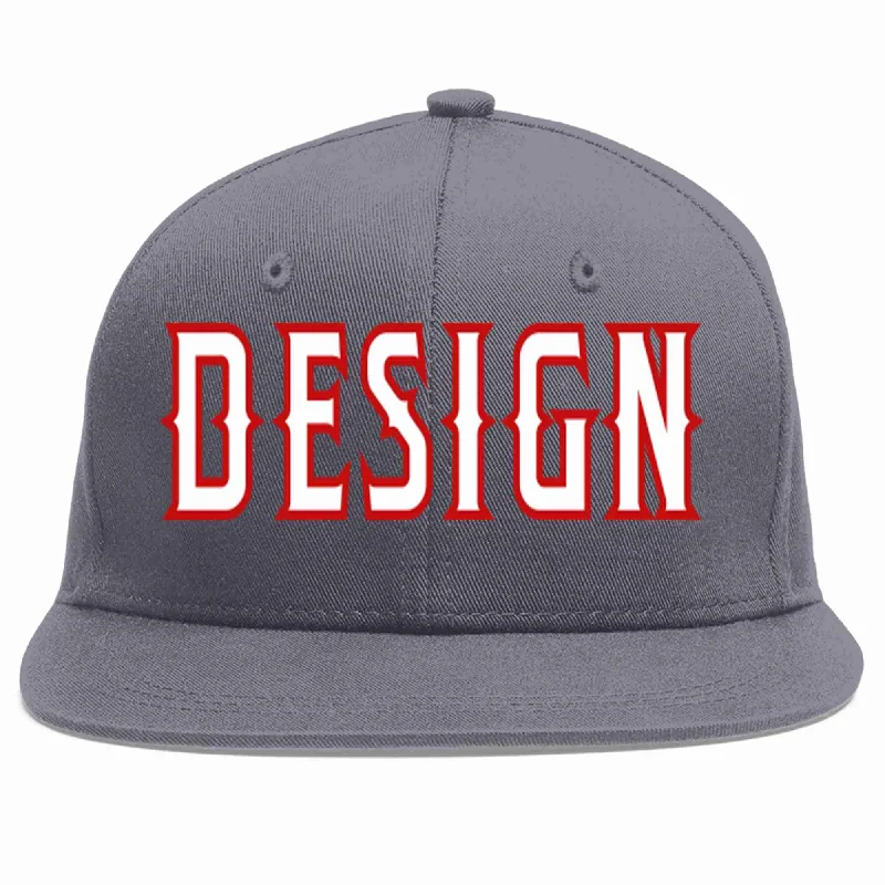 Baseball Cap For All-Day Comfort-Custom Dark Gray White-Red Flat Eaves Sport Baseball Cap Design for Men/Women/Youth