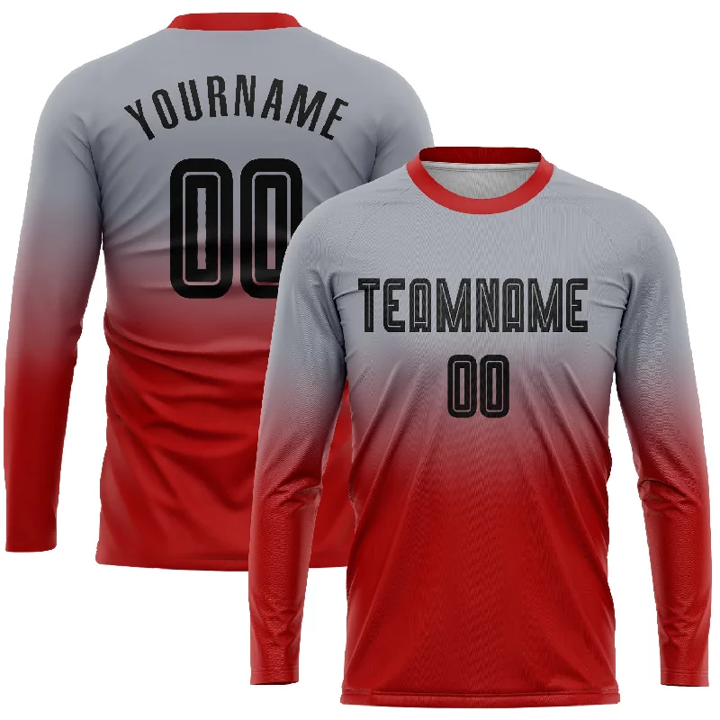 Football Jersey With Custom Graphics-Custom Gray Black-Red Sublimation Long Sleeve Fade Fashion Soccer Uniform Jersey