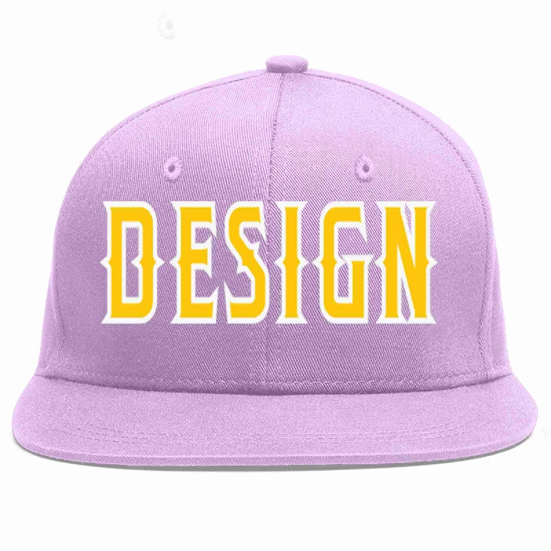 Cheap Baseball Cap-Custom Light Purple Gold-White Flat Eaves Sport Baseball Cap Design for Men/Women/Youth