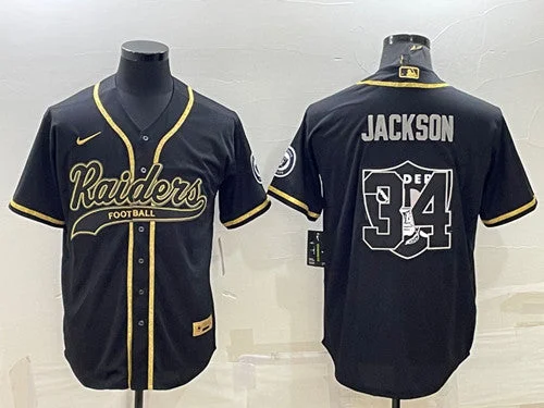 Baseball Jersey For Kids With Player Names-Men's Las Vegas Raiders #34 Bo Jackson Black Gold Team Big Logo With Patch Cool Base Stitched Baseball Jersey