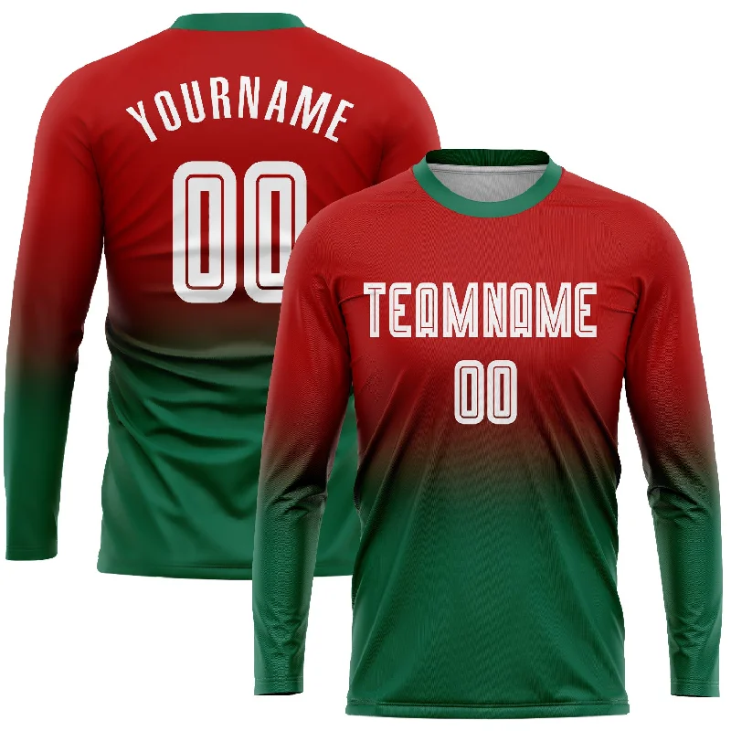 Football Jersey With Team Logo-Custom Red White-Kelly Green Sublimation Long Sleeve Fade Fashion Soccer Uniform Jersey