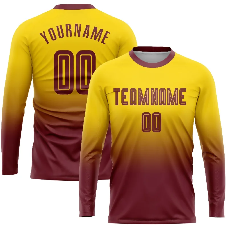 Football Jersey For High School Teams-Custom Gold Burgundy Sublimation Long Sleeve Fade Fashion Soccer Uniform Jersey