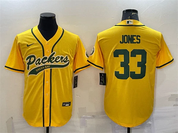 Baseball Jersey For Custom Fit-Men's Green Bay Packers #33 Aaron Jones Gold With Patch Cool Base Stitched Baseball Jersey