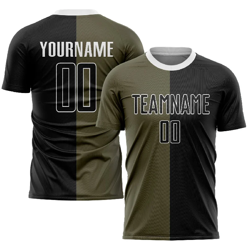 Football Jersey For Fan Gifts-Custom Olive Black-White Sublimation Split Fashion Salute To Service Soccer Uniform Jersey