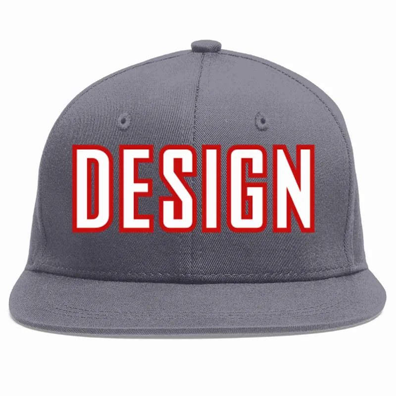 Baseball Cap For Promotional Use-Custom Dark Gray White-Red Flat Eaves Sport Baseball Cap Design for Men/Women/Youth