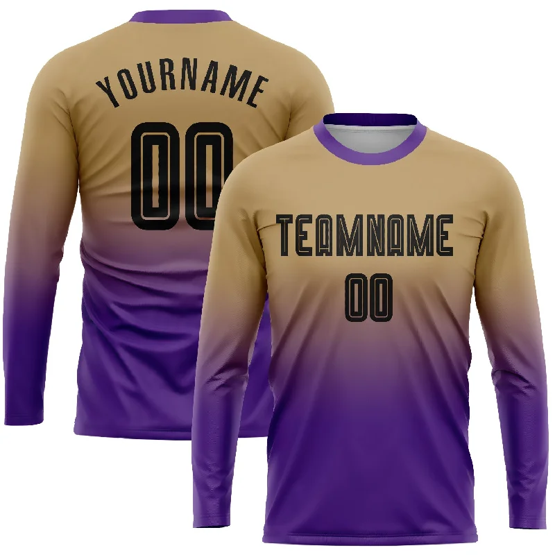 Football Jersey With Personalized Text-Custom Old Gold Black-Purple Sublimation Long Sleeve Fade Fashion Soccer Uniform Jersey