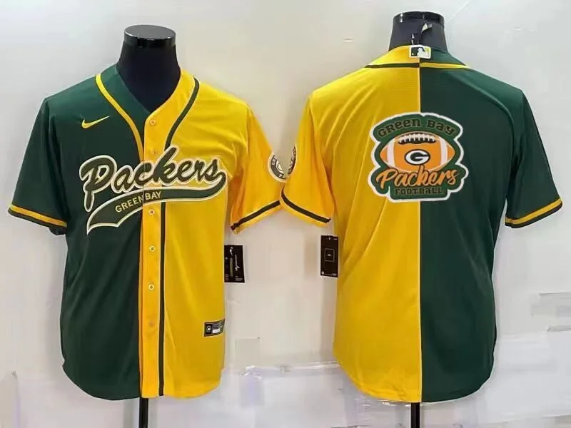 Baseball Jersey For Sports Apparel-Men's Green Bay Packers Blank Green/Yellow Split Team Big Logo With Patch Cool Base Stitched Baseball Jersey