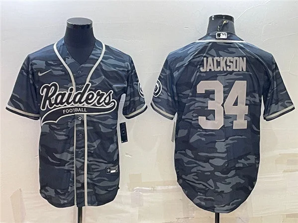 Baseball Jersey For Fanatics-Men's Las Vegas Raiders #34 Bo Jackson Gray Camo With Patch Cool Base Stitched Baseball Jersey