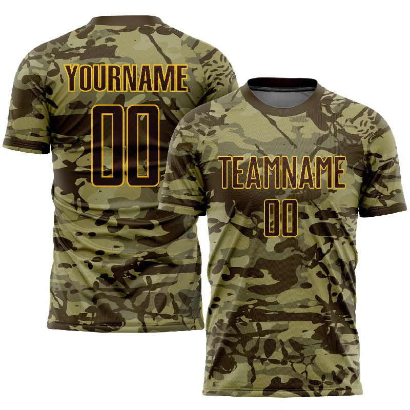 Football Jersey With Game Day Details-Custom Camo Brown-Gold Sublimation Salute To Service Soccer Uniform Jersey