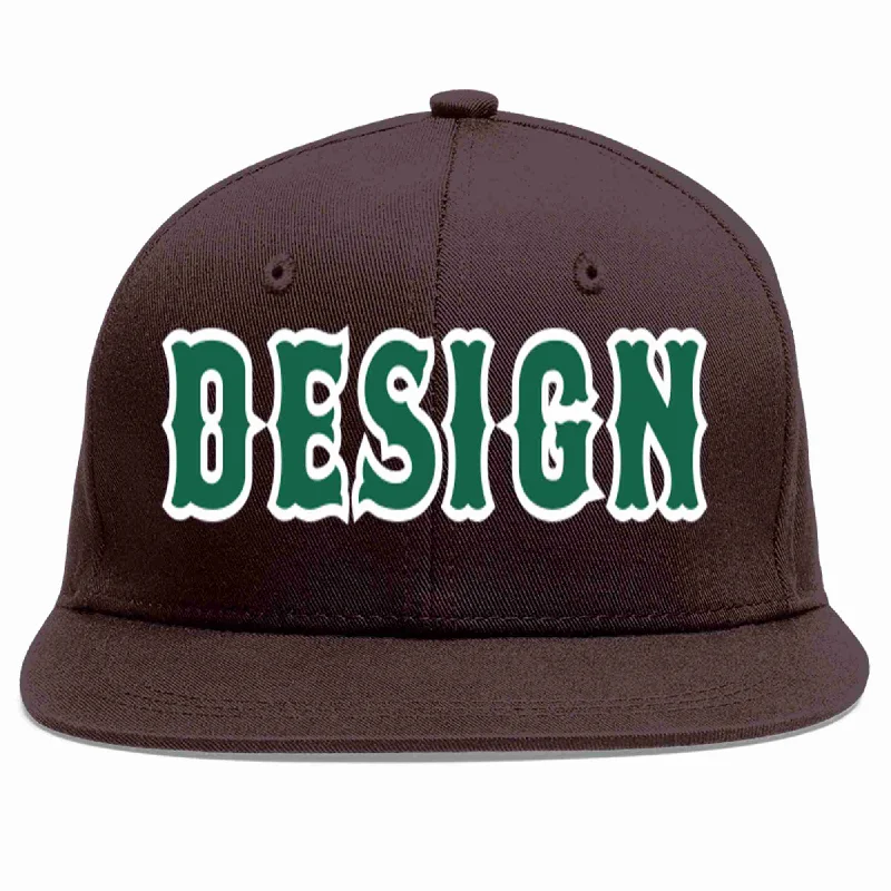 Baseball Cap For Youth Teams-Custom Brown Kelly Green-White Flat Eaves Sport Baseball Cap Design for Men/Women/Youth