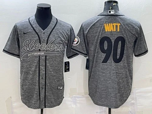 Baseball Jersey With Name And Number-Men's Pittsburgh Steelers #90 T.J. Watt Gray With Patch Cool Base Stitched Baseball Jersey