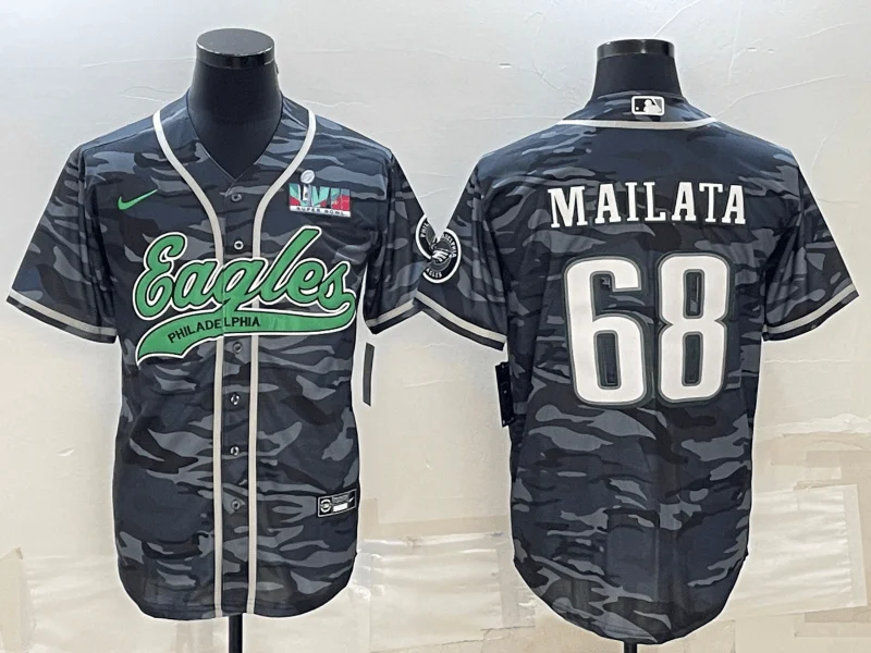 Baseball Jersey For Women-Men's Philadelphia Eagles #68 Jordan Mailata Gray Camo With Super Bowl LVII Patch Cool Base Stitched Baseball Jersey