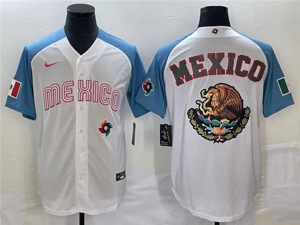 Baseball Jersey With Team Branding-Men's Mexico Baseball 2023 White Blue Team Big Logo World Baseball Classic Stitched Jersey