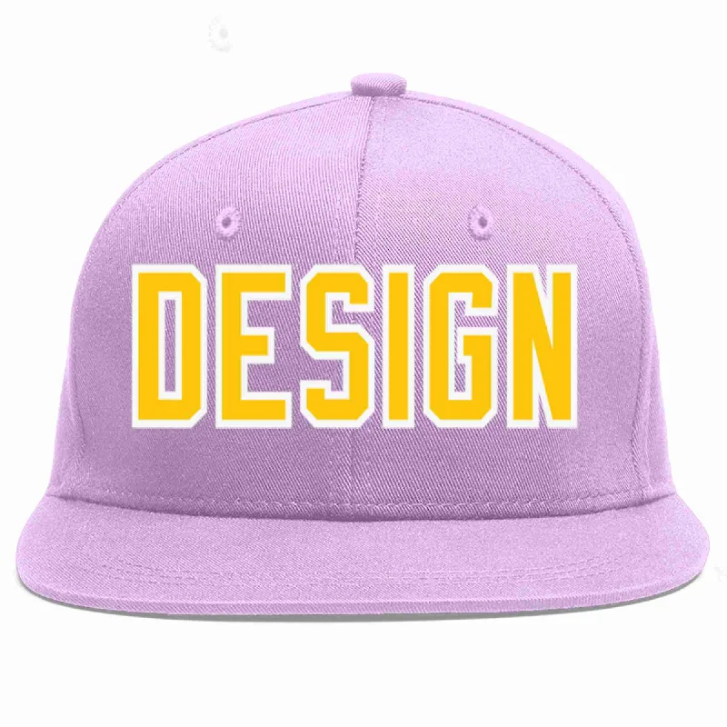 Baseball Cap For Stylish Outfits-Custom Light Purple Gold-White Flat Eaves Sport Baseball Cap Design for Men/Women/Youth