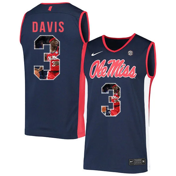 Football Jersey For Tournament Winners-Basketball Jersey For Tournament Winners-Ole Miss Rebels 3 Terence Davis Navy Fashion Basketball College Basketball Jersey