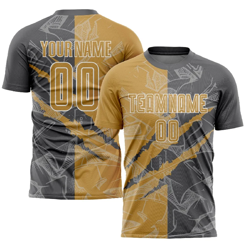 Football Jersey With Custom Team Colors-Custom Graffiti Pattern Old Gold-Steel Gray Scratch Sublimation Soccer Uniform Jersey