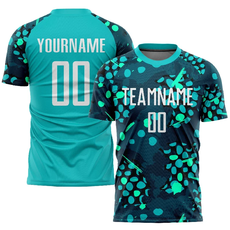 Football Jersey For Unique Player Orders-Custom Aqua White-Navy Sublimation Soccer Uniform Jersey