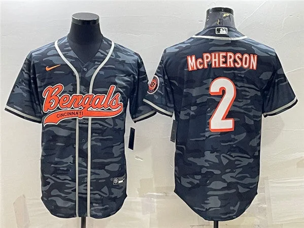 Baseball Jersey For Fan Apparel-Men's Cincinnati Bengals #2 Evan McPherson Gray Camo With Patch Cool Base Stitched Baseball Jersey