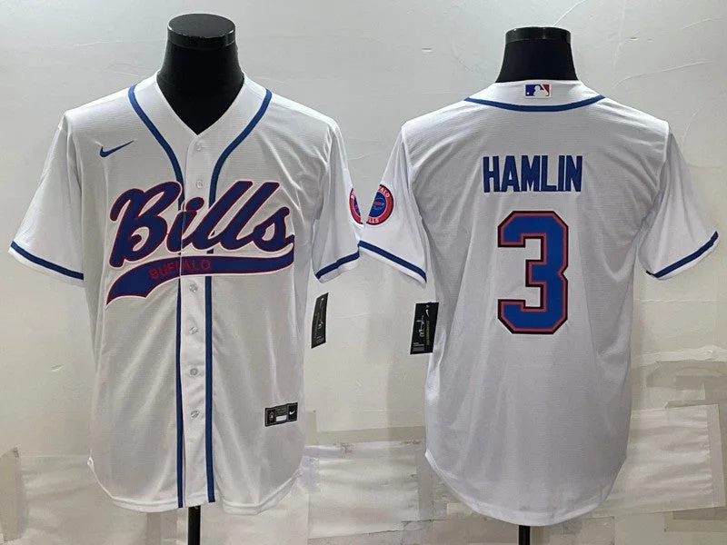 Custom Baseball Jersey For Gifts-Men's Buffalo Bills #3 Damar Hamlin White With Patch Cool Base Stitched Baseball Jersey