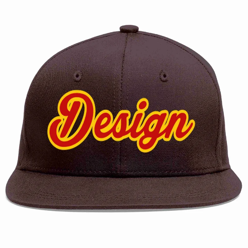 Baseball Cap With Fashionable Details-Custom Brown Red-Yellow Flat Eaves Sport Baseball Cap Design for Men/Women/Youth