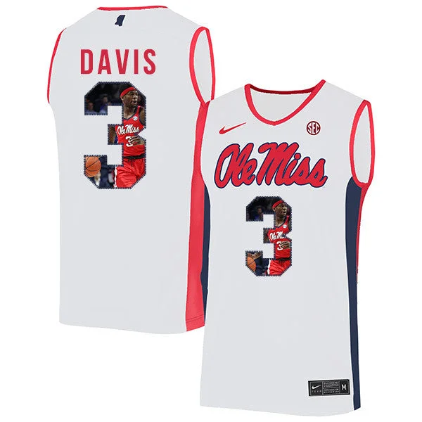 Football Jersey For Tournament-Basketball Jersey For Tournament-Ole Miss Rebels 3 Terence Davis White Fashion Basketball College Basketball Jersey