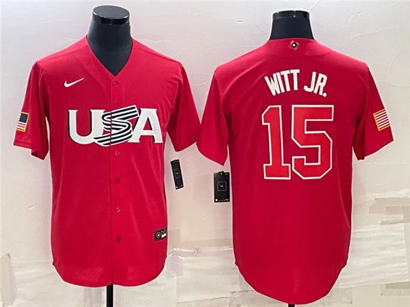 Baseball Jersey For Fan Support-Men's USA Baseball #15 Bobby Witt Jr. 2023 Red World Baseball Classic Stitched Jersey