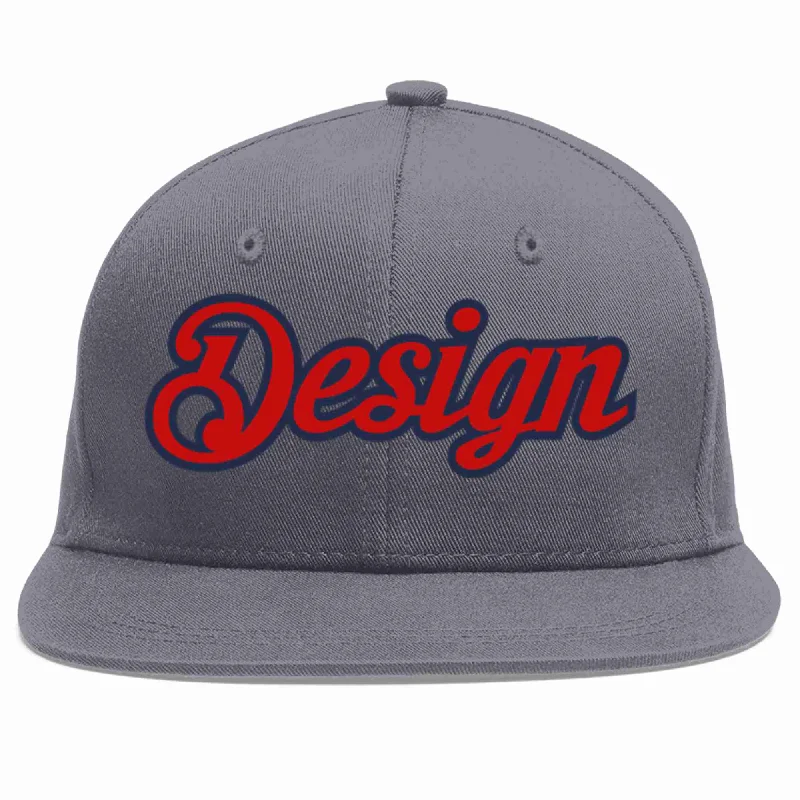 Baseball Cap For Special Occasions-Custom Dark Gray Red-Navy Flat Eaves Sport Baseball Cap Design for Men/Women/Youth