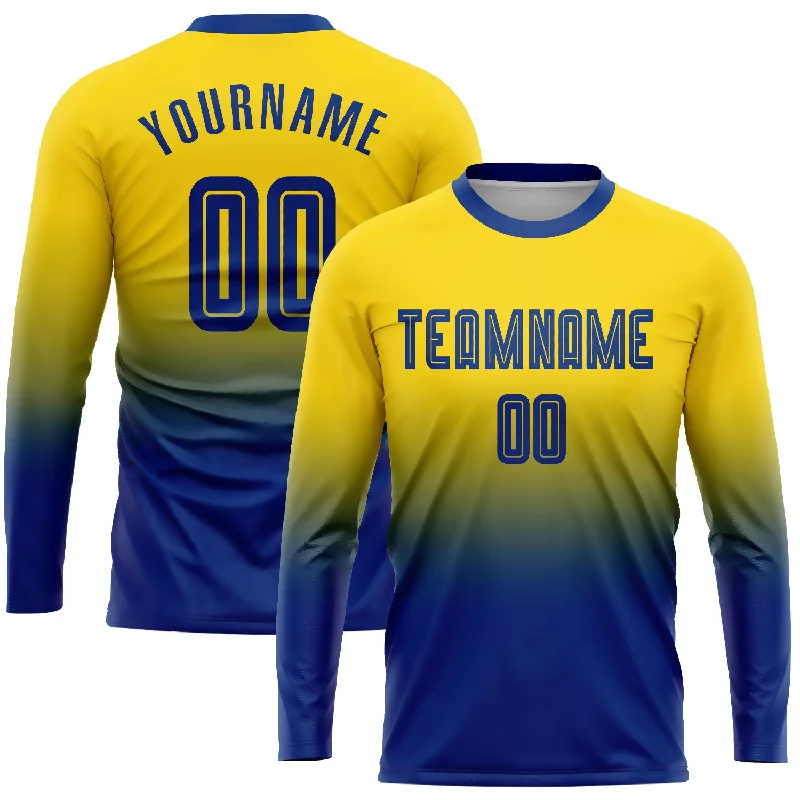 Football Jersey For Little League-Custom Gold Royal Sublimation Long Sleeve Fade Fashion Soccer Uniform Jersey