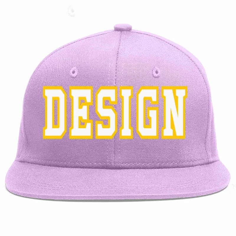 Baseball Cap For Custom Party Gifts-Custom Light Purple White-Gold Flat Eaves Sport Baseball Cap Design for Men/Women/Youth