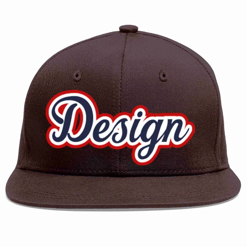 Baseball Cap With Team Logos-Custom Brown Navy-White Flat Eaves Sport Baseball Cap Design for Men/Women/Youth