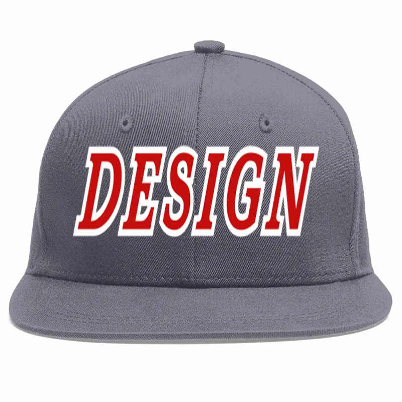 Baseball Cap With Matching Outfits-Custom Dark Gray Red-White Flat Eaves Sport Baseball Cap Design for Men/Women/Youth