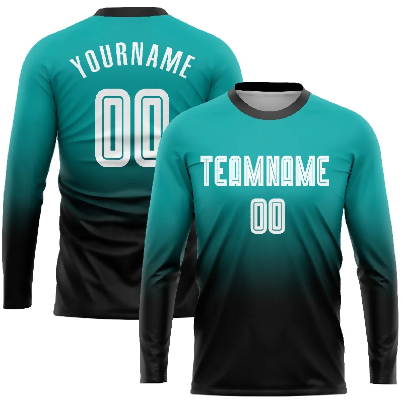 Football Jersey For Personalized Embroidery-Custom Aqua White-Black Sublimation Long Sleeve Fade Fashion Soccer Uniform Jersey