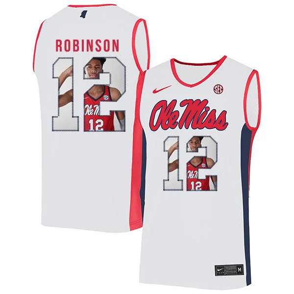 Football Jersey For Women-Basketball Jersey For Women-Ole Miss Rebels 12 Shon Robinson White Fashion Basketball College Basketball Jersey