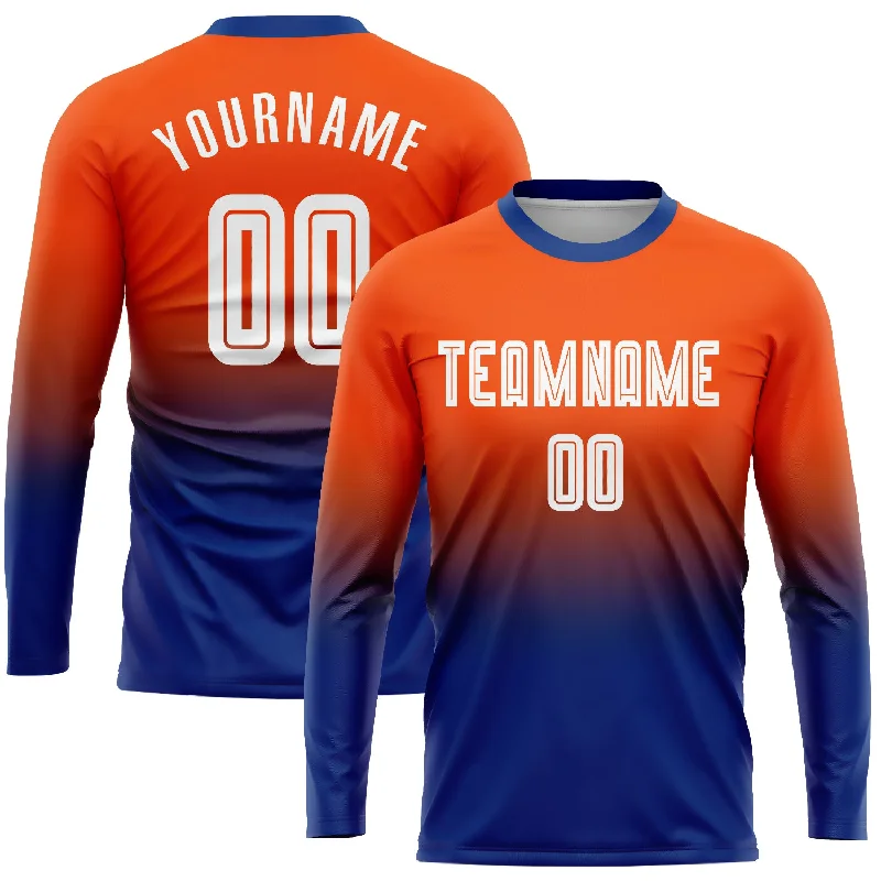 Football Jersey For Fan Merchandise-Custom Orange White-Royal Sublimation Long Sleeve Fade Fashion Soccer Uniform Jersey