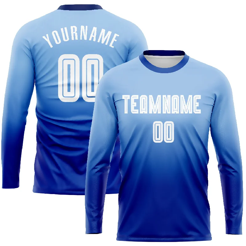 Football Jersey For Football Enthusiasts-Custom Light Blue White-Royal Sublimation Long Sleeve Fade Fashion Soccer Uniform Jersey