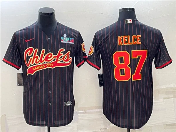 Baseball Jersey For Custom Orders-Men's Kansas City Chiefs #87 Travis Kelce Black With Super Bowl LVII Patch Cool Base Stitched Baseball Jersey