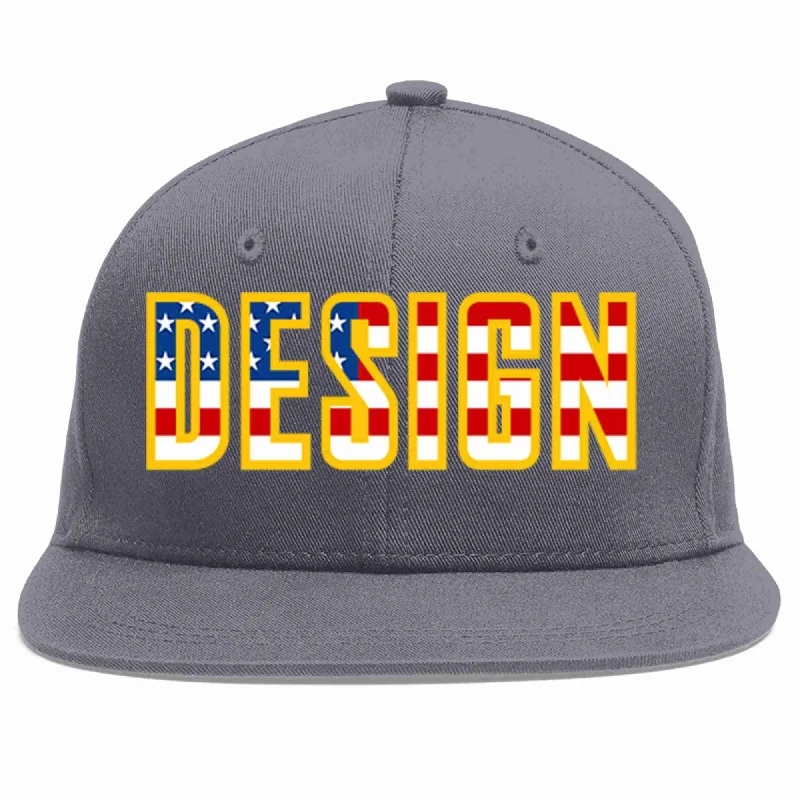 Baseball Cap For Special Celebrations-Custom Dark Gray Vintage USA Flag-Gold Flat Eaves Sport Baseball Cap Design for Men/Women/Youth